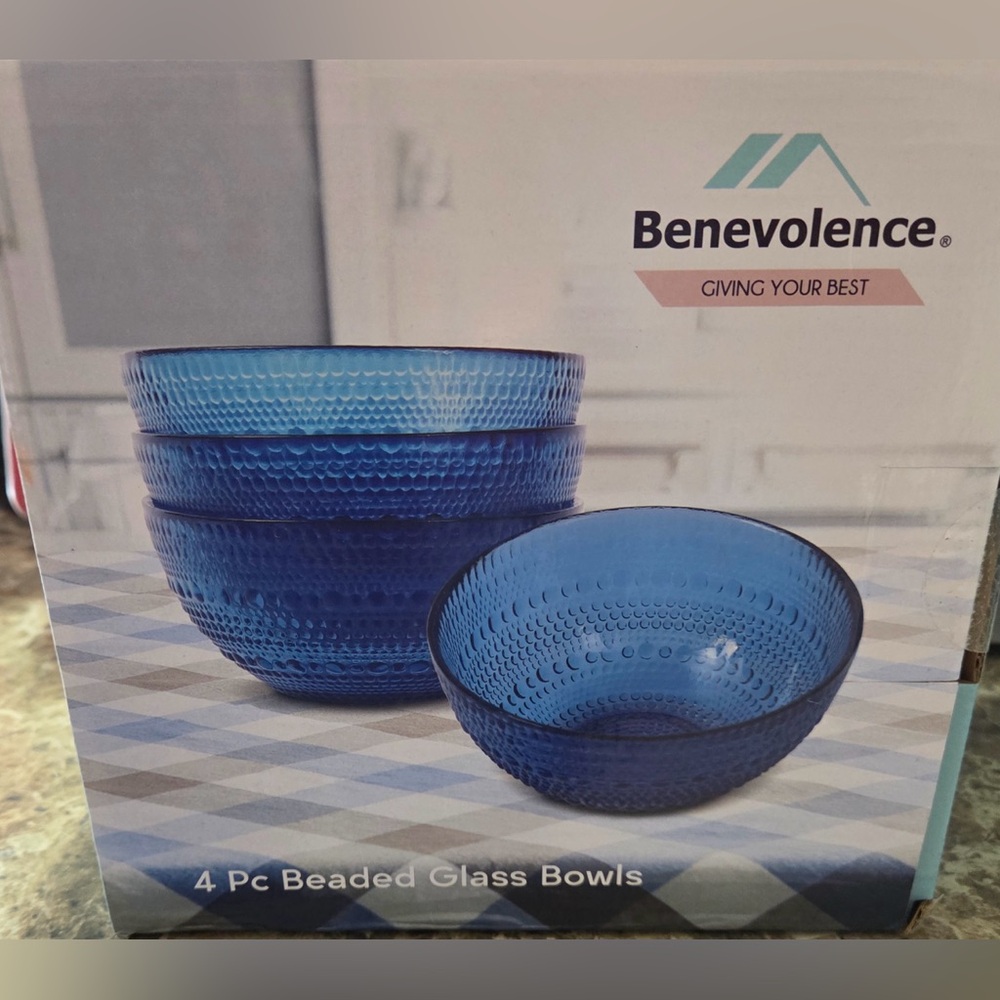 1 Benevolence Blue Beaded Glass 4 Pc Bowl Set